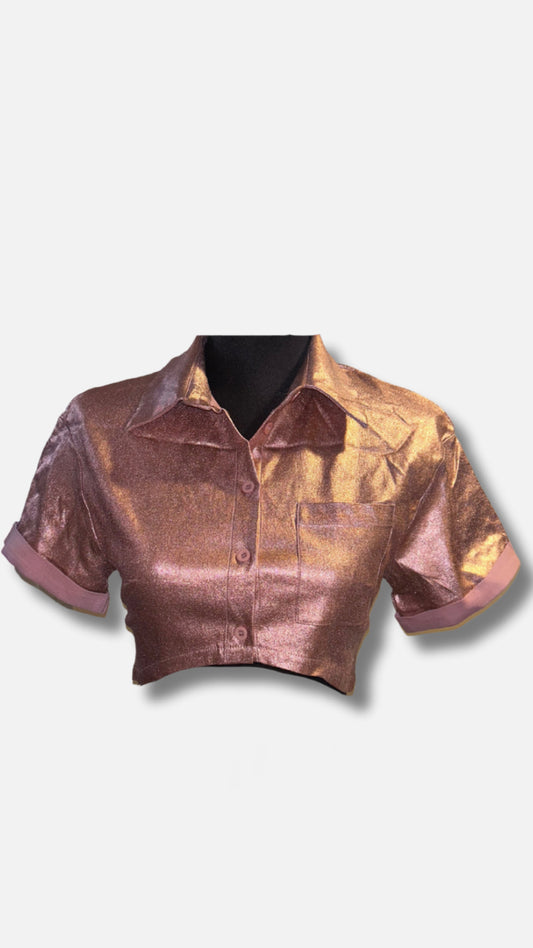 Button Front Crop Metallic Blouse